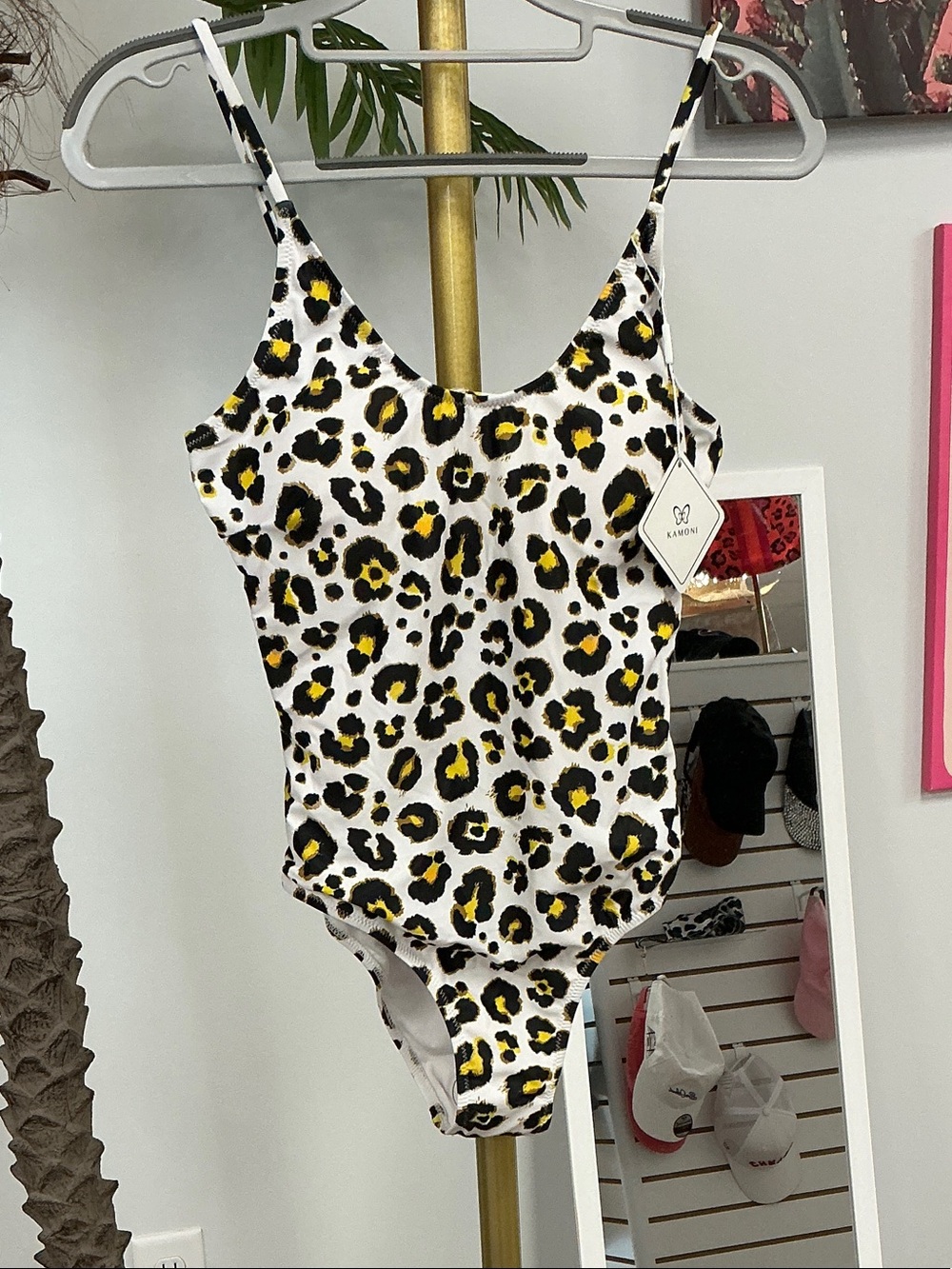 Leopard Print Scoop-Back One-Piece Swimsuit - White & Yellow